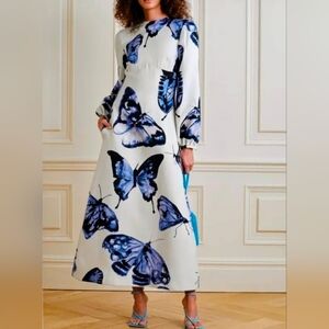 Brandon Maxwell White Midi Dress with Blue Butterfly Print